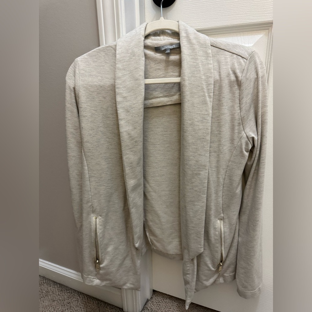 Beige Open Front Blazer with Zipper Details